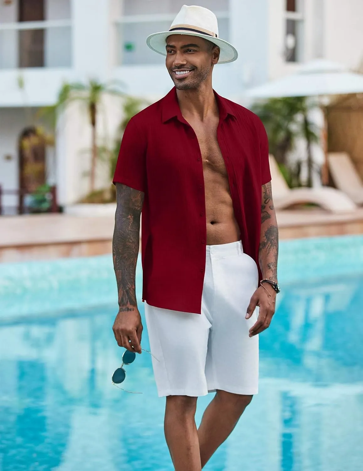 COOFANDY Men's Casual Button Down Shirts Short Sleeve Textured Summer Beach Shirt