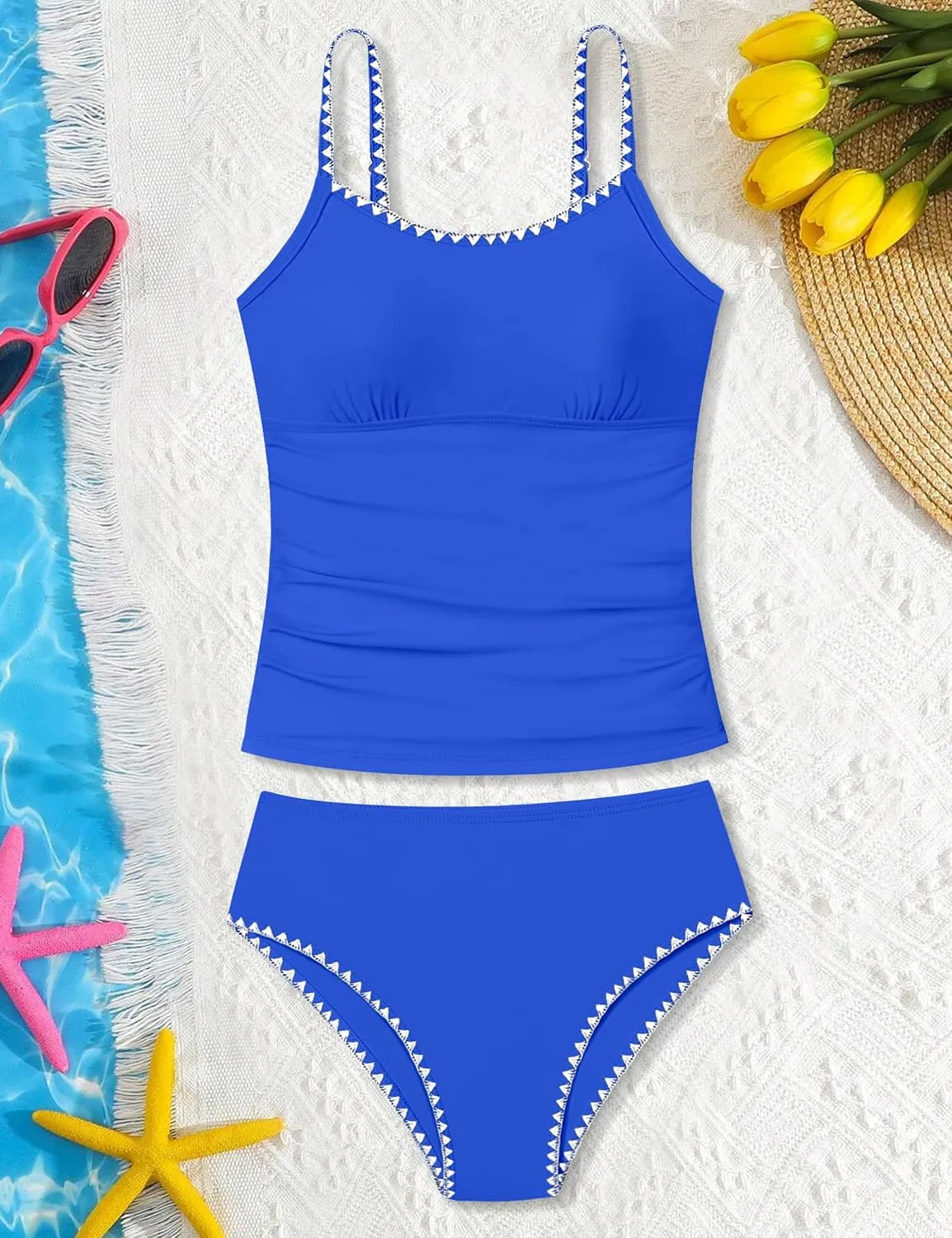 Girls Swimsuit Solid Color Tankini Contrast Trim Swimwear 2 Piece Bathing Suit Padded Swimsuits for Teens 9-16Y