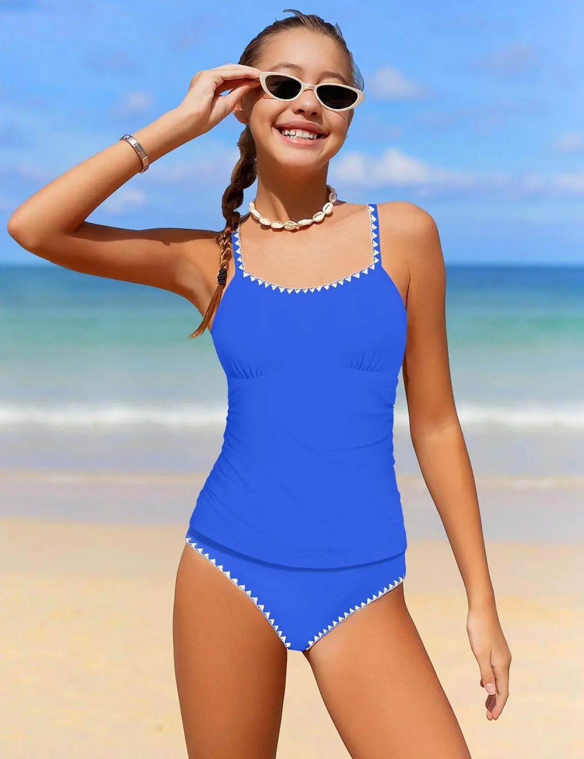 Girls Swimsuit Solid Color Tankini Contrast Trim Swimwear 2 Piece Bathing Suit Padded Swimsuits for Teens 9-16Y