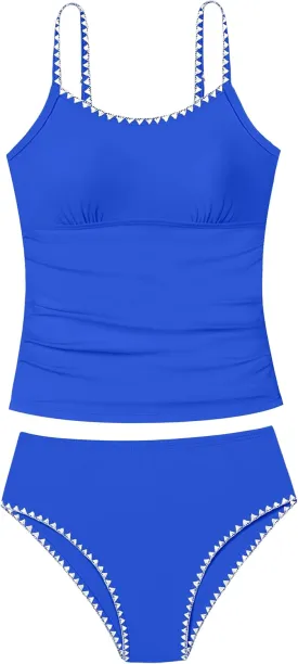 Girls Swimsuit Solid Color Tankini Contrast Trim Swimwear 2 Piece Bathing Suit Padded Swimsuits for Teens 9-16Y