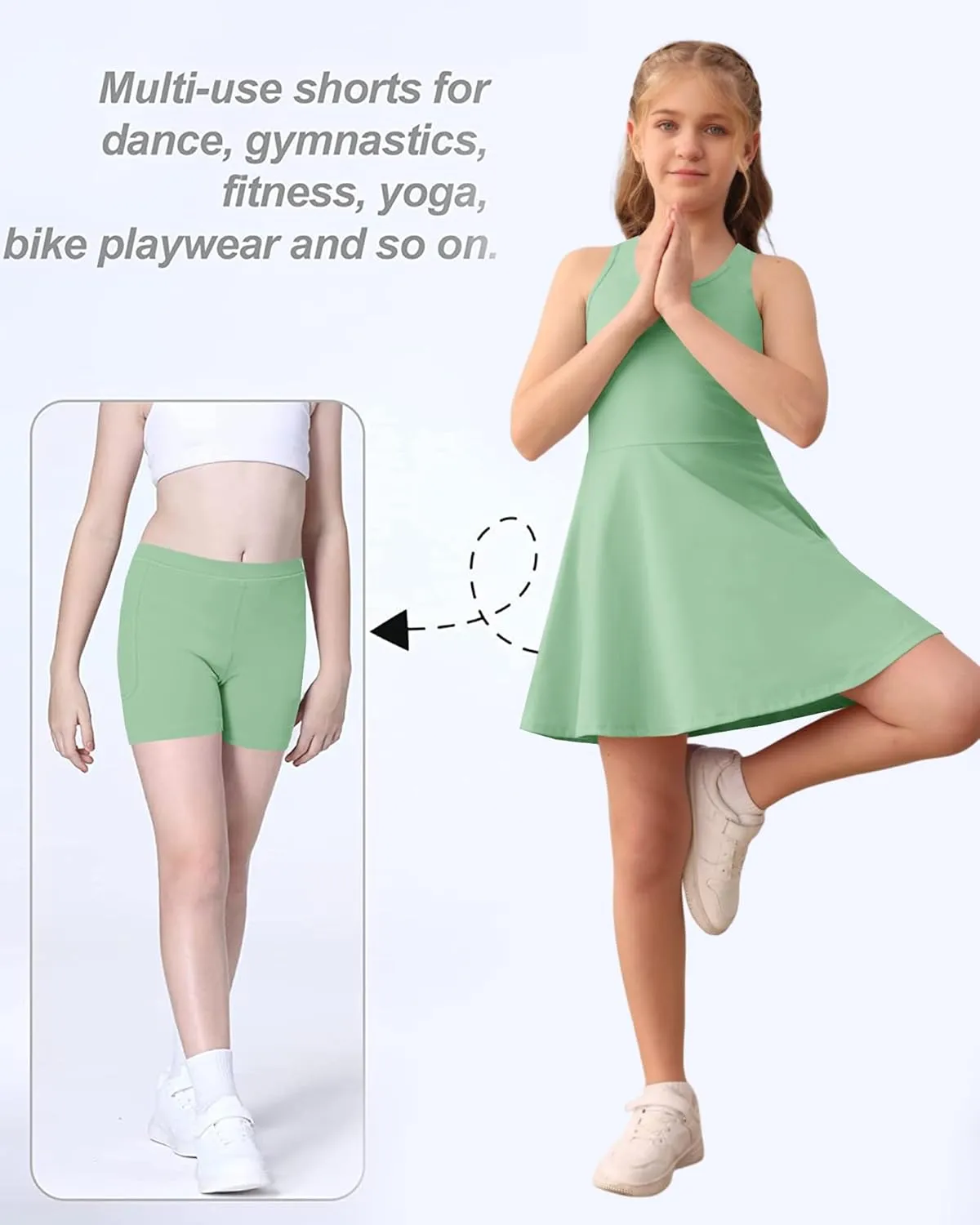 Haloumoning Girls Sleeveless Tennis Dress Kids Racerback Golf Dress School Sports Dresses Outfit with Shorts Pockets