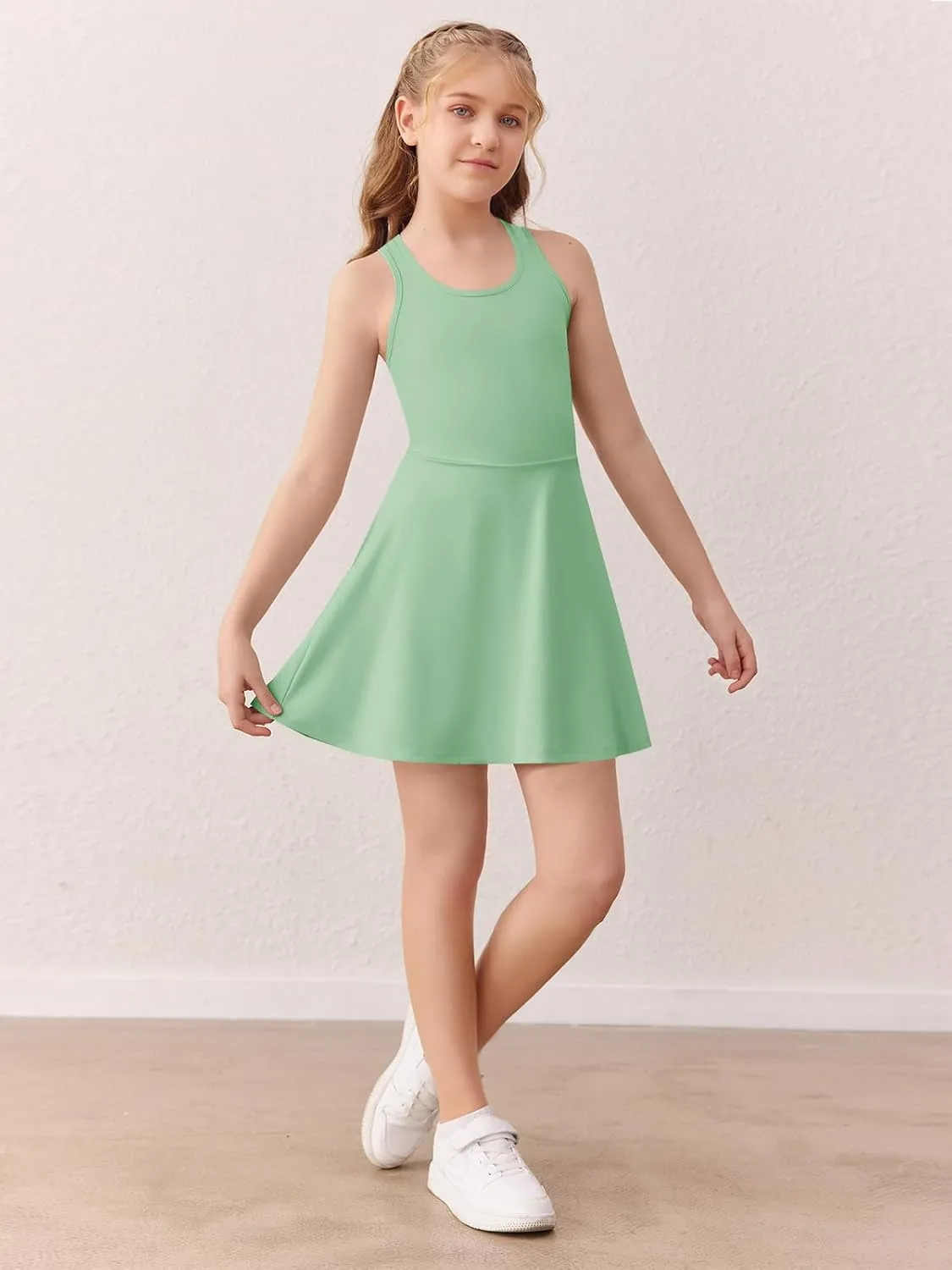 Haloumoning Girls Sleeveless Tennis Dress Kids Racerback Golf Dress School Sports Dresses Outfit with Shorts Pockets
