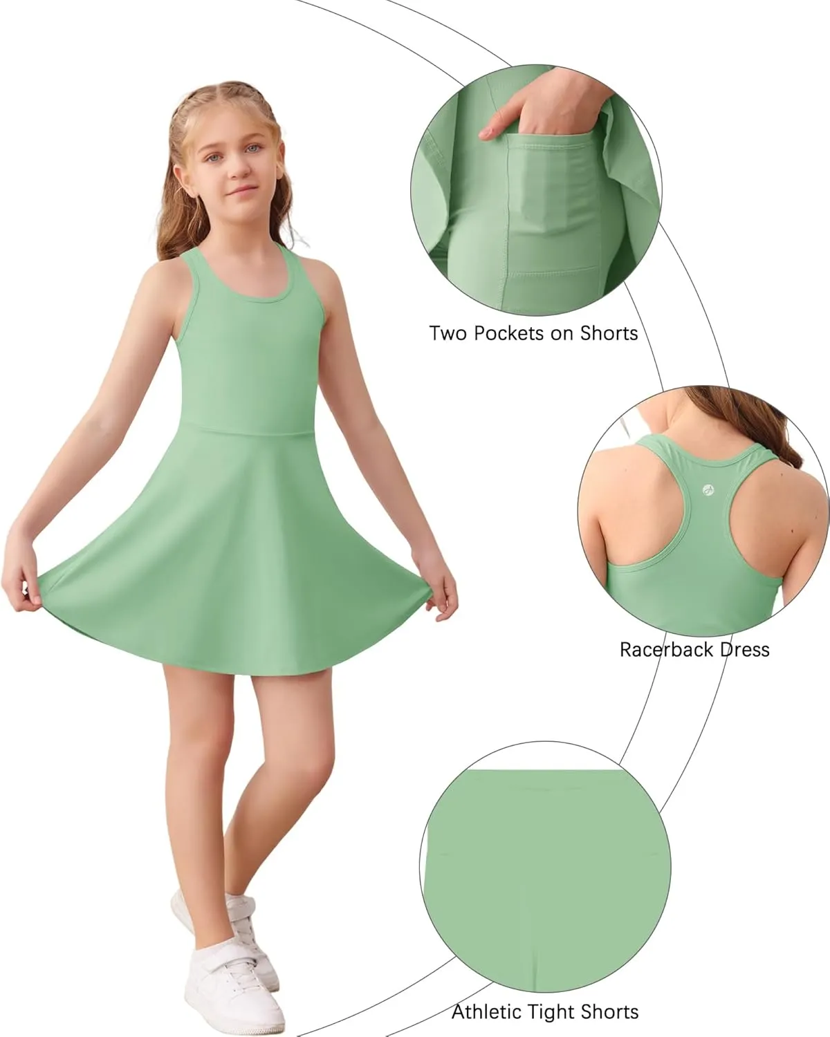 Haloumoning Girls Sleeveless Tennis Dress Kids Racerback Golf Dress School Sports Dresses Outfit with Shorts Pockets