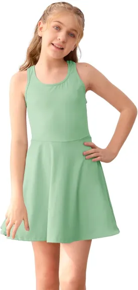 Haloumoning Girls Sleeveless Tennis Dress Kids Racerback Golf Dress School Sports Dresses Outfit with Shorts Pockets
