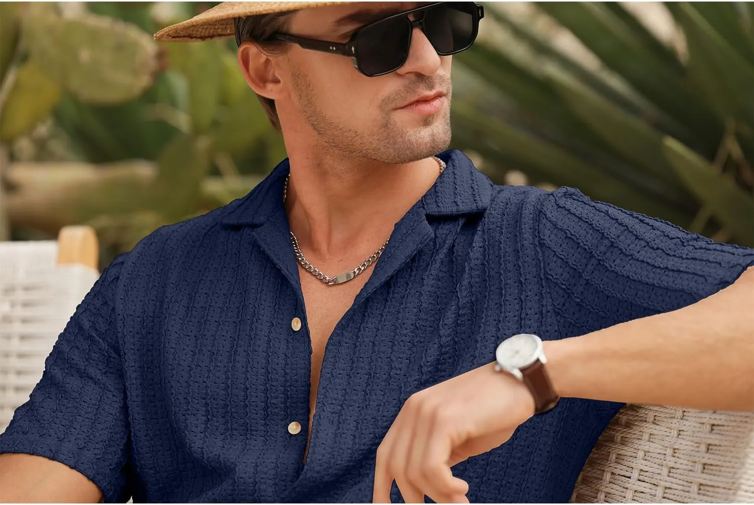 HOTake Men's Casual Summer Beach Shirts Button Down Short Sleeve Crochet Guayabera Shirts
