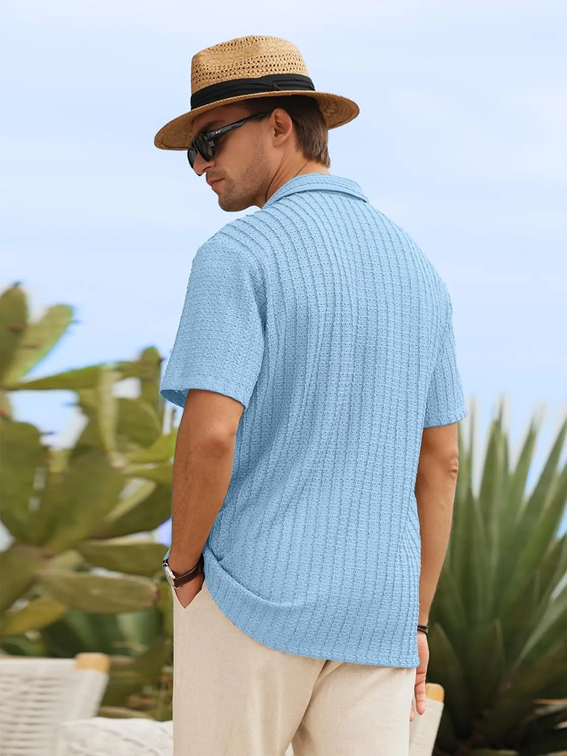 HOTake Men's Casual Summer Beach Shirts Button Down Short Sleeve Crochet Guayabera Shirts