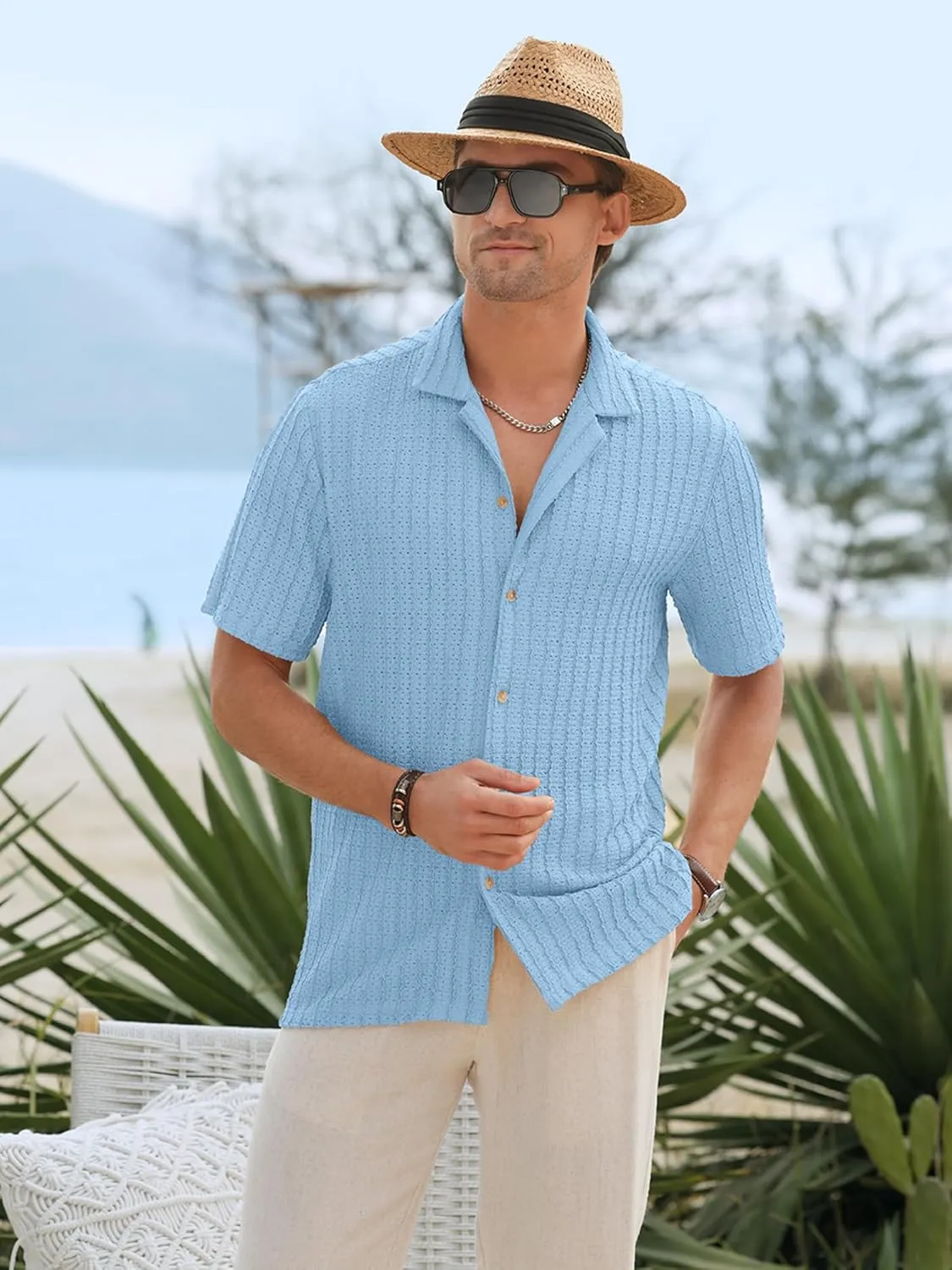 HOTake Men's Casual Summer Beach Shirts Button Down Short Sleeve Crochet Guayabera Shirts