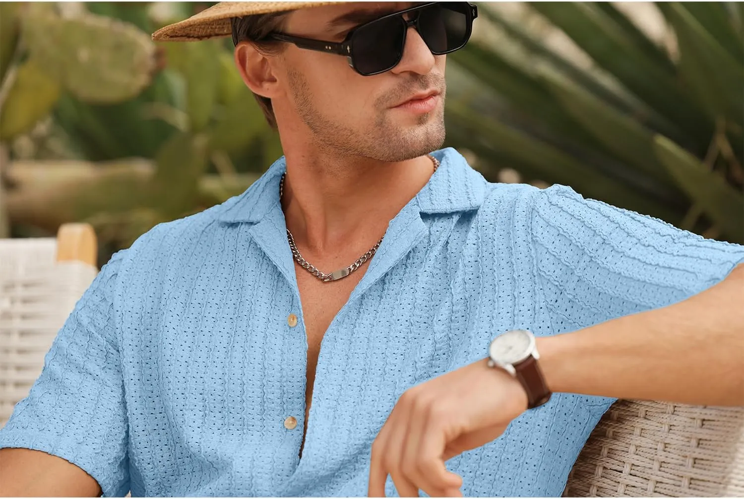 HOTake Men's Casual Summer Beach Shirts Button Down Short Sleeve Crochet Guayabera Shirts