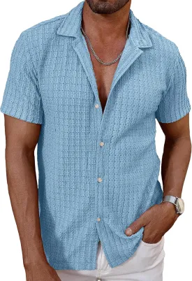 HOTake Men's Casual Summer Beach Shirts Button Down Short Sleeve Crochet Guayabera Shirts