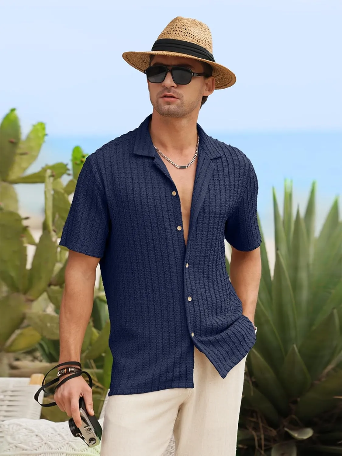 HOTake Men's Casual Summer Beach Shirts Button Down Short Sleeve Crochet Guayabera Shirts