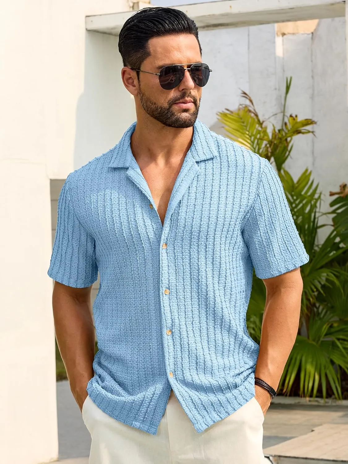 HOTake Men's Casual Summer Beach Shirts Button Down Short Sleeve Crochet Guayabera Shirts