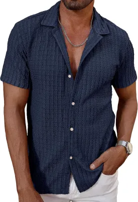 HOTake Men's Casual Summer Beach Shirts Button Down Short Sleeve Crochet Guayabera Shirts