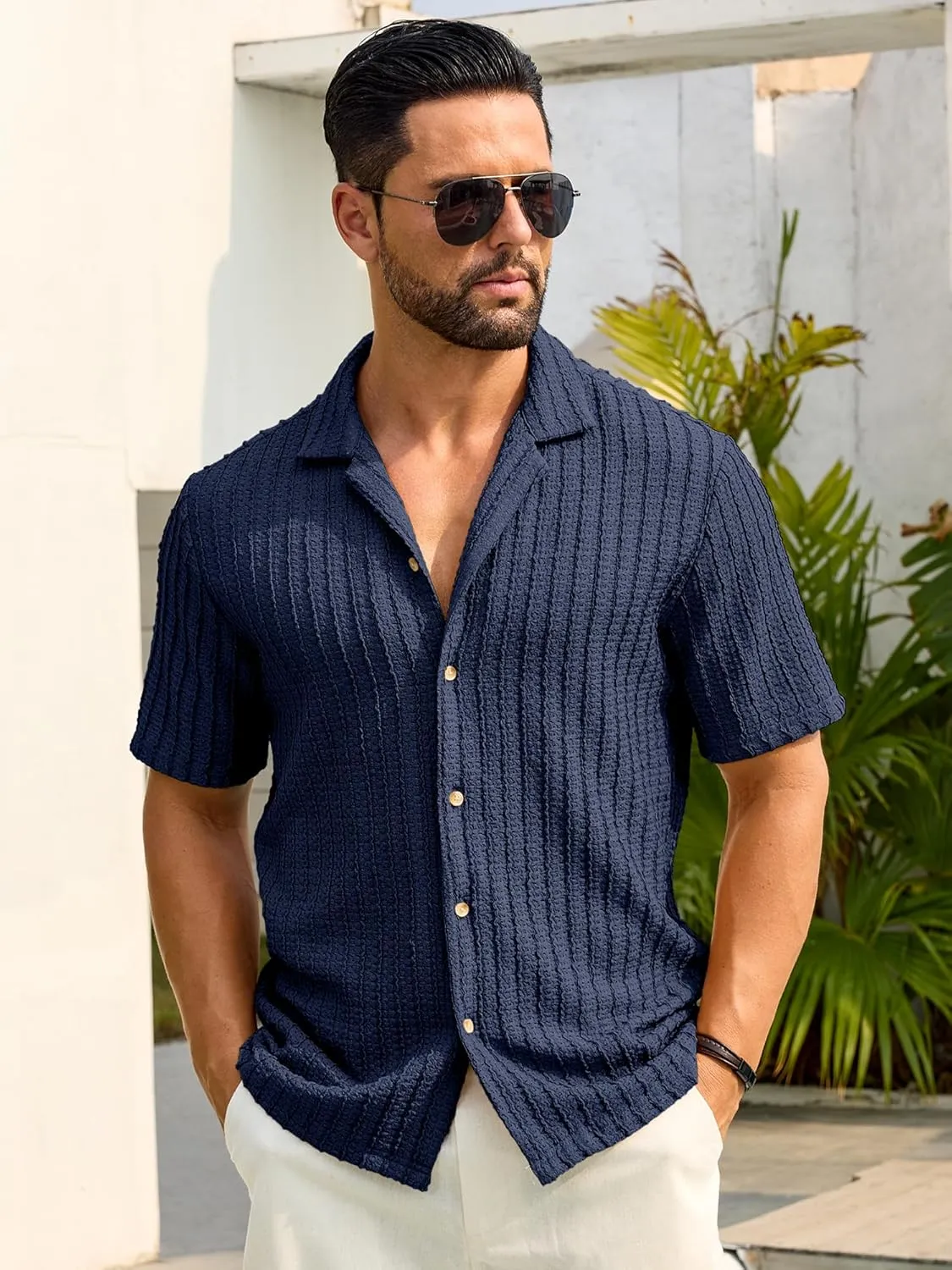 HOTake Men's Casual Summer Beach Shirts Button Down Short Sleeve Crochet Guayabera Shirts