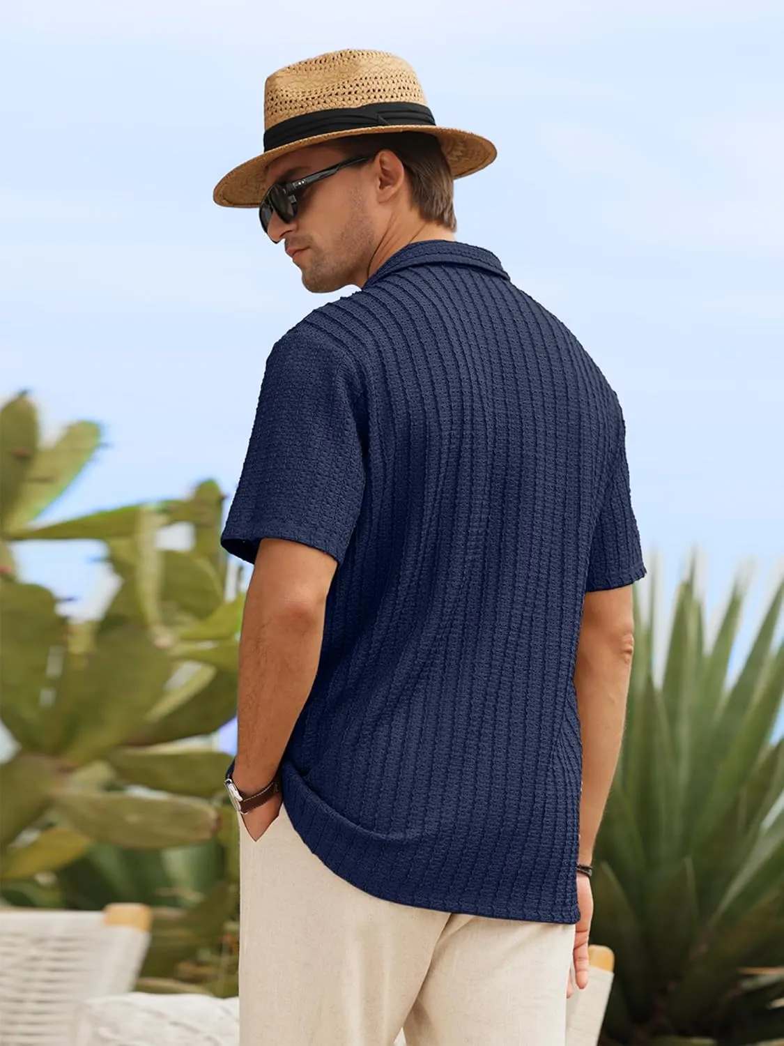 HOTake Men's Casual Summer Beach Shirts Button Down Short Sleeve Crochet Guayabera Shirts