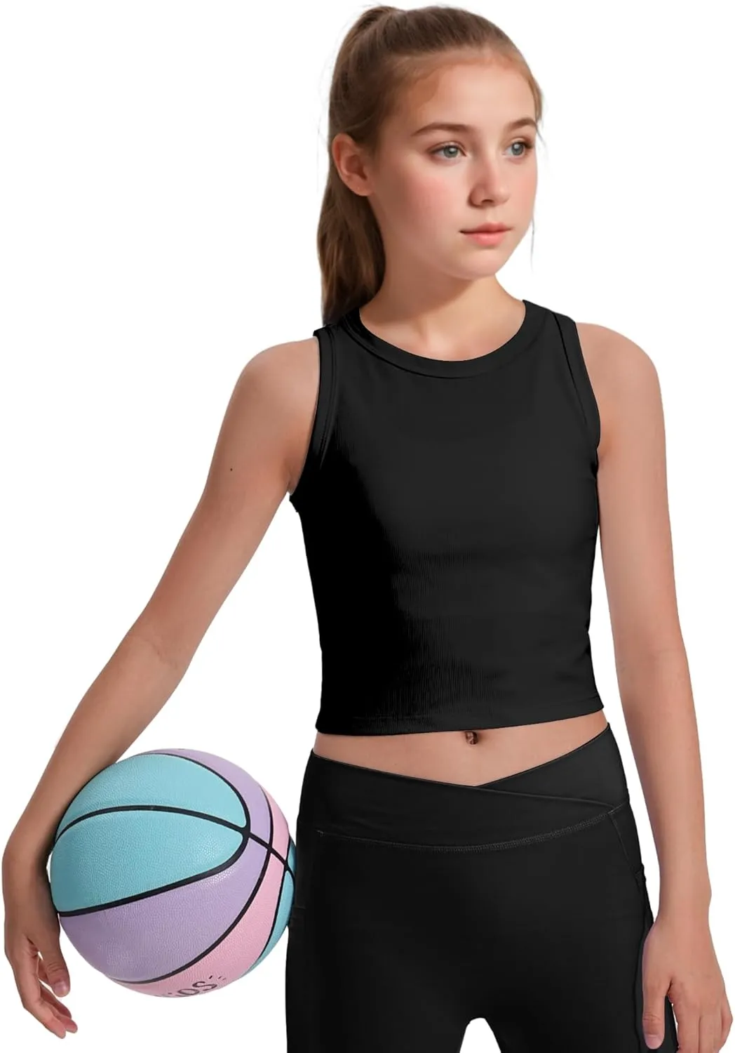 JOCMIC Girls Tank Tops Kids Athletic Tank Ribbed Knit High Neck Crop Tops for Gym Yoga