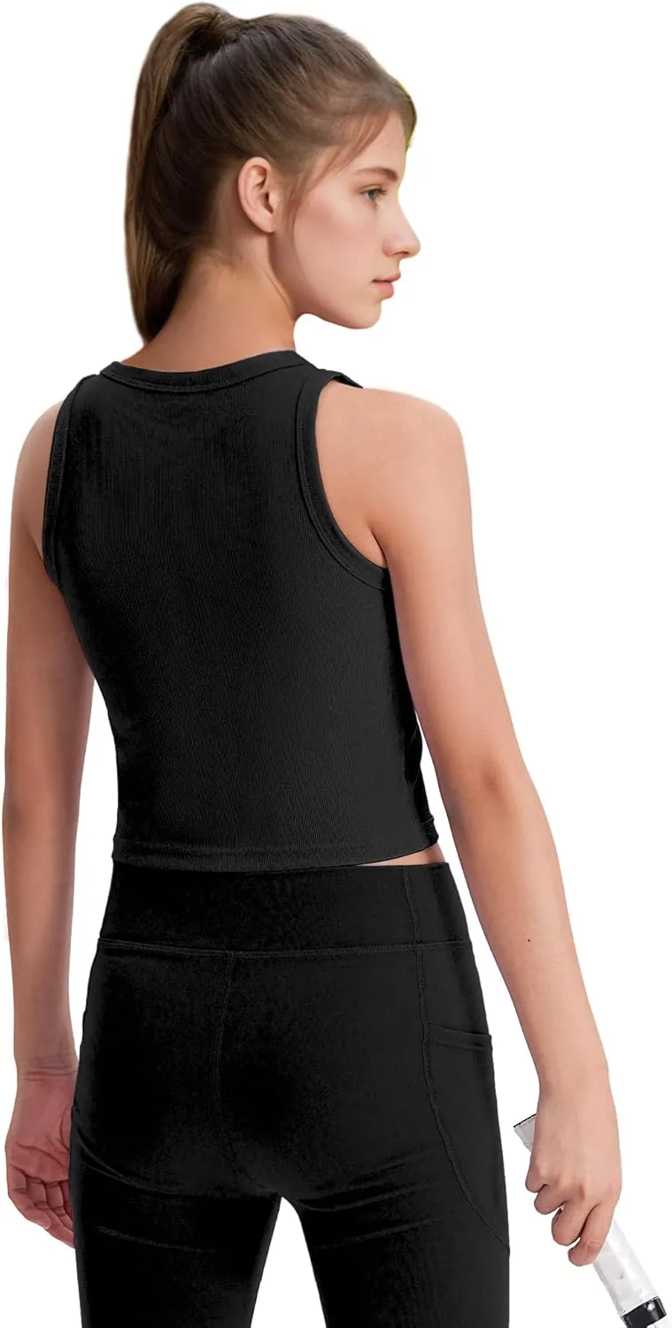 JOCMIC Girls Tank Tops Kids Athletic Tank Ribbed Knit High Neck Crop Tops for Gym Yoga