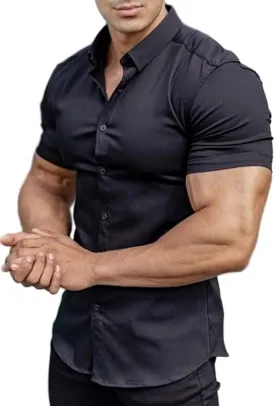 Men??s Muscle Fit Dress Shirts Athletic Slim Fit Short Sleeve Stretch Casual Button Down Shirt
