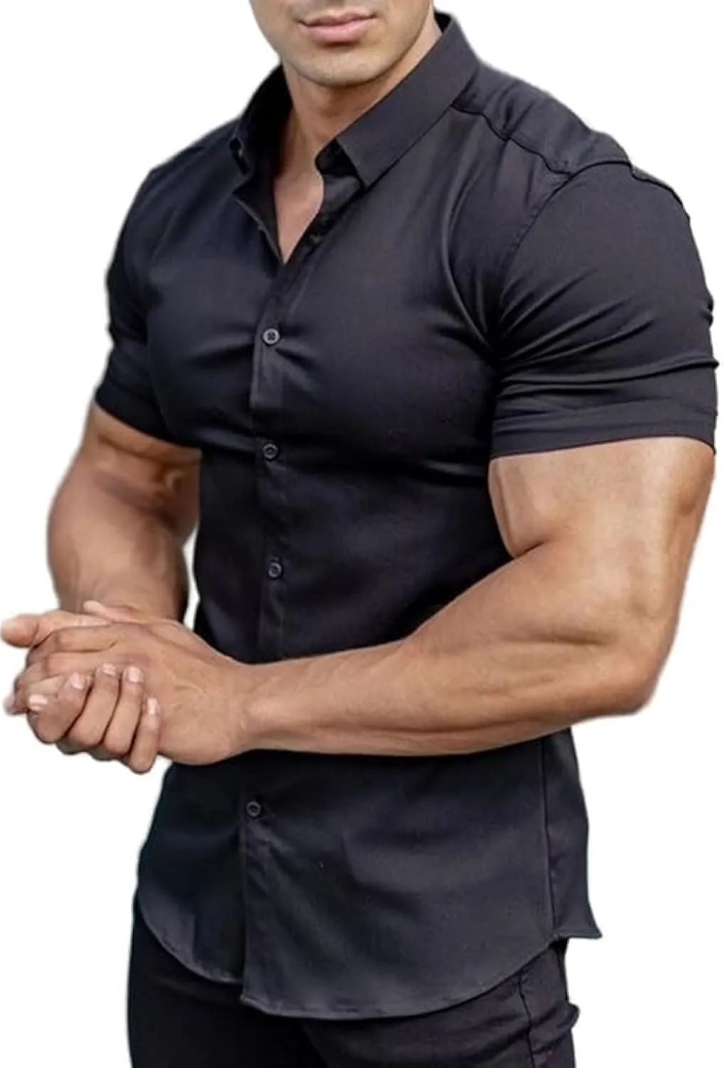 Men??s Muscle Fit Dress Shirts Athletic Slim Fit Short Sleeve Stretch Casual Button Down Shirt