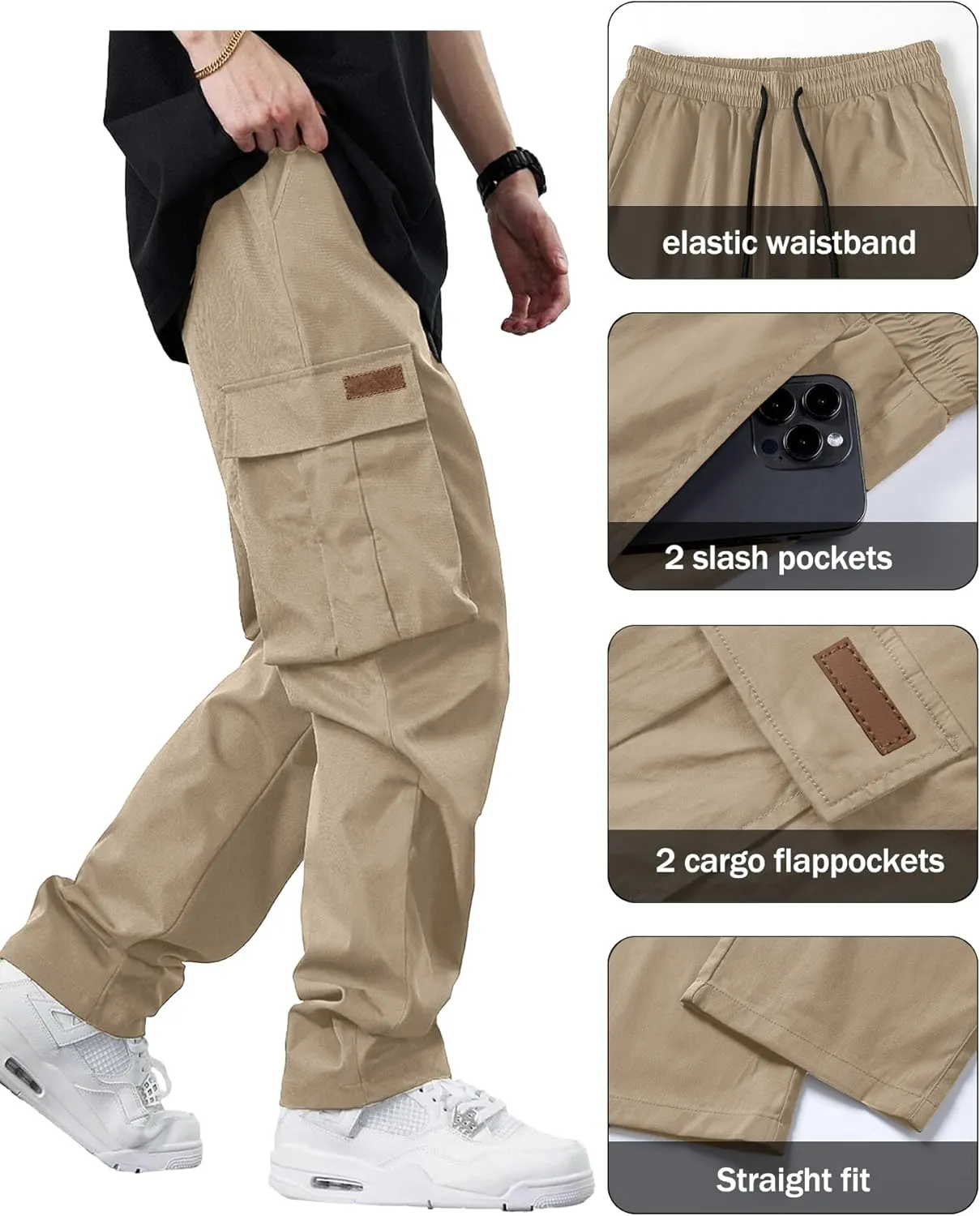 PLEPAN Men's Casual Cargo Pants Drawstring Hiking Pants Workout Tactical Joggers Sweatpants for Men