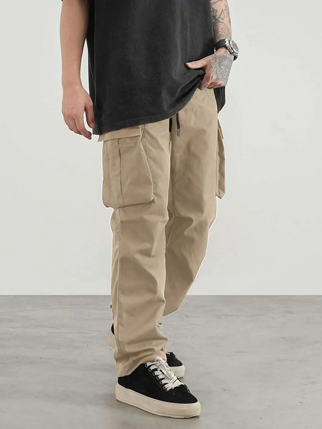 PLEPAN Men's Casual Cargo Pants Drawstring Hiking Pants Workout Tactical Joggers Sweatpants for Men