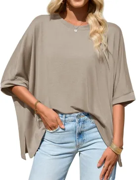 Tankaneo Womens Oversized Tshirts Batwing Short Sleeve Asymmetric Hem Tops Summer Casual Loose Fit Tunic Tee Shirts
