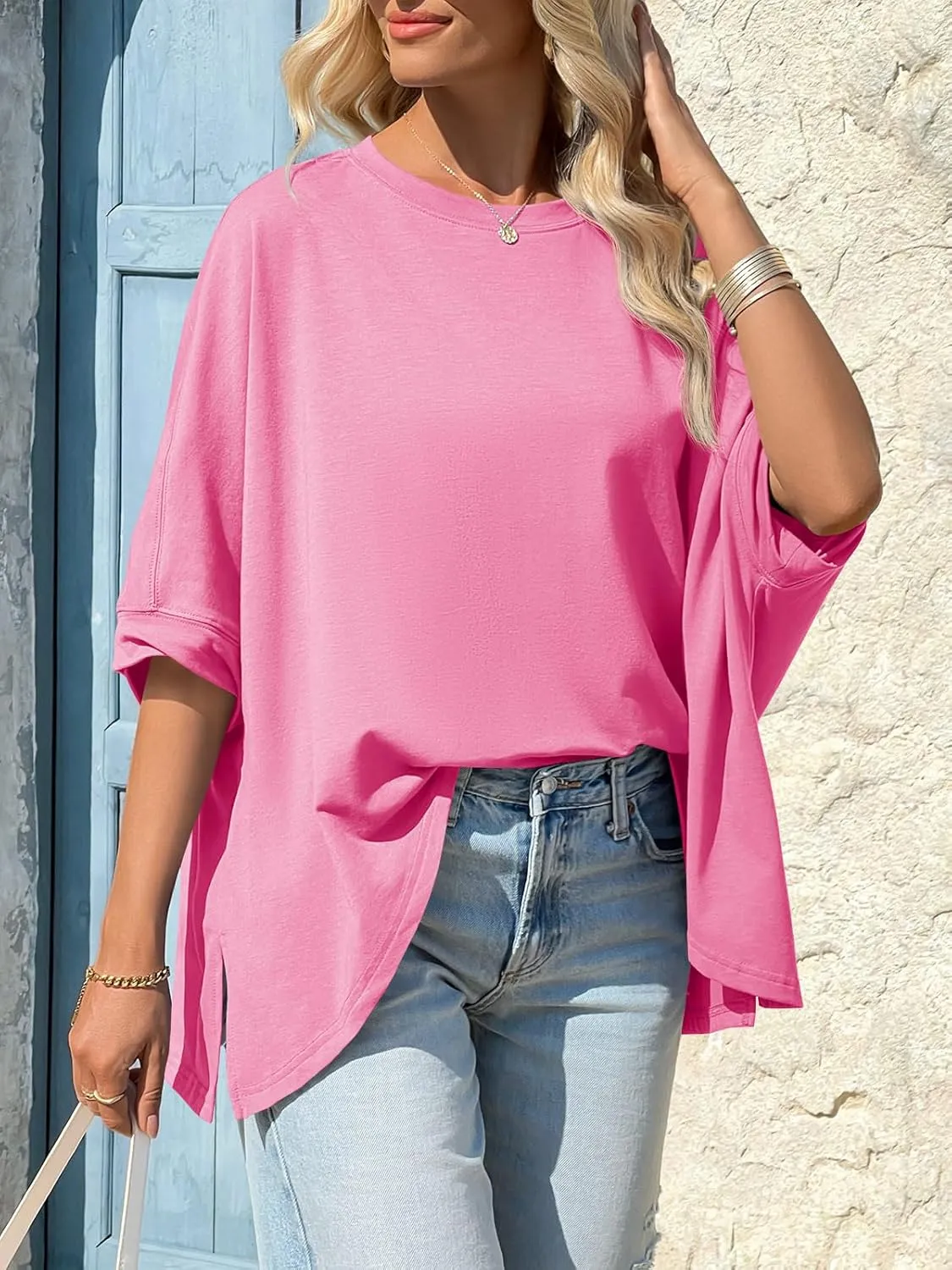 Tankaneo Womens Oversized Tshirts Batwing Short Sleeve Asymmetric Hem Tops Summer Casual Loose Fit Tunic Tee Shirts