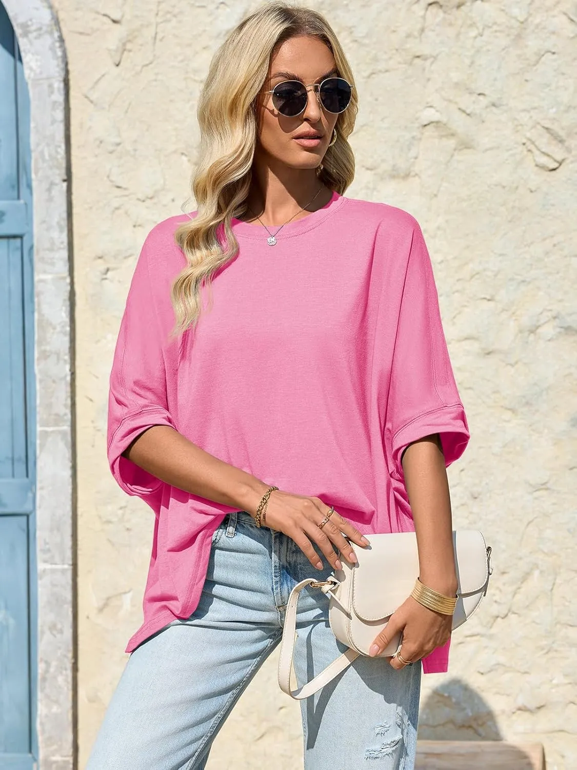 Tankaneo Womens Oversized Tshirts Batwing Short Sleeve Asymmetric Hem Tops Summer Casual Loose Fit Tunic Tee Shirts